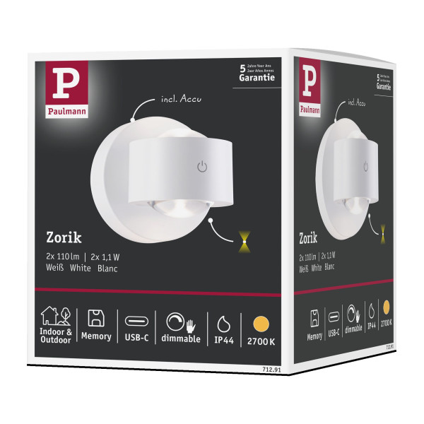 Applique led zorik 3w 180lm 2700k dimmable usbc plastique blanc ip44 230v - Paulmann - 71291