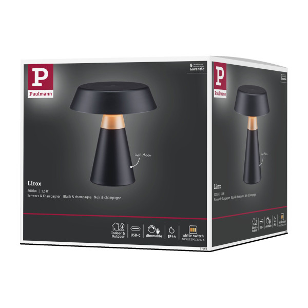 Lampe à poser led lirox __w switch to warm usbc mét/plast noir/champagne ip44 - Paulmann - 77060