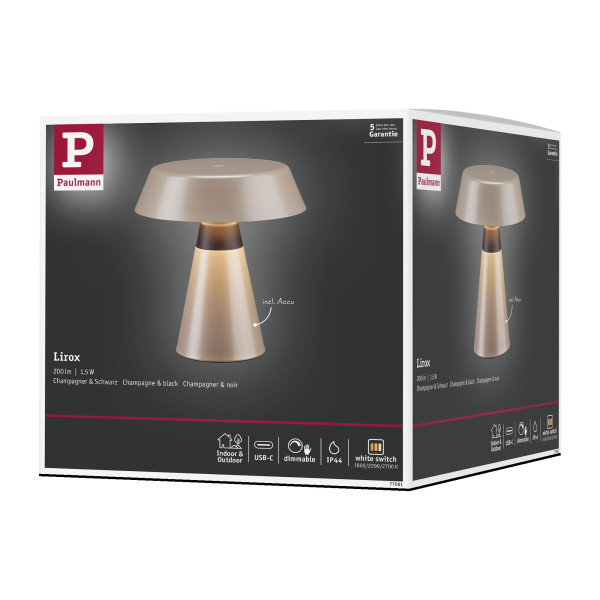 Lampe à poser led lirox__w  switch to warm usbc mét/plast champagne/noir ip44 - Paulmann - 77061