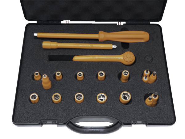 Clé à cliquet 1/4 avec douilles6p, embouts 6p, tournevis 1/4 et rallonge. isolé. - AGI Robur - 431089