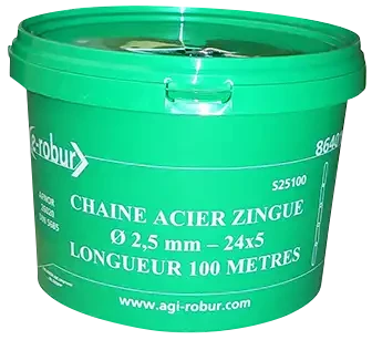 Chaîne acier zingué soudée, dia. 2,5 mm, longueur 100 m. - AGI Robur - 864016