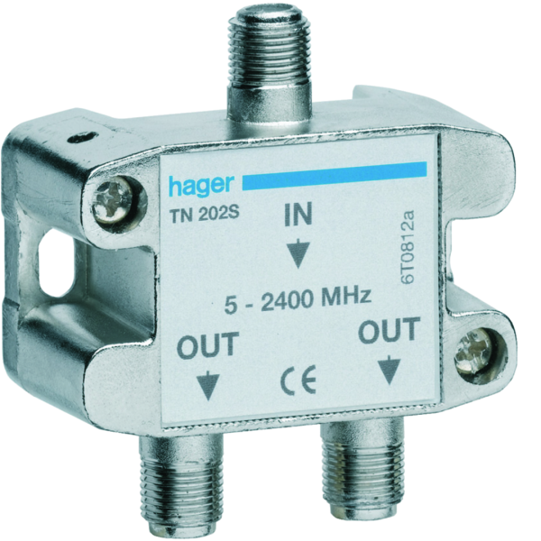 Répartiteur tv hertzien/satellite 2 sorties coax 5-2400mhz - Hager - TN202S