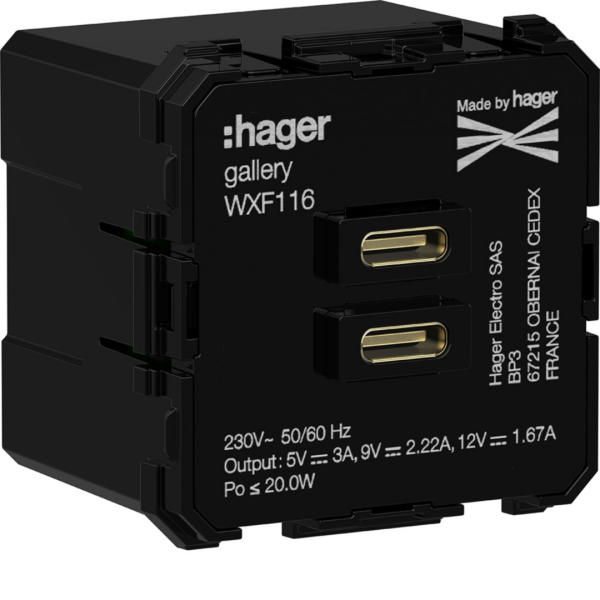 Chargeur gallery double usb c+c 20w - Hager - WXF116