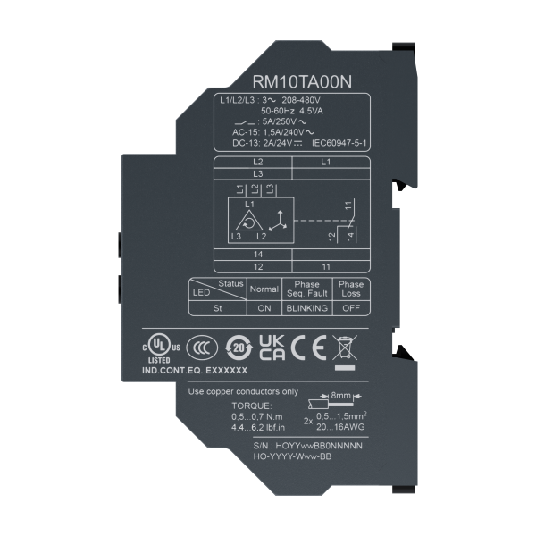 Harmony rm10 - tri - 1of - 5a - perte/séquence/déséquilibre phases - 208/480vca - Schneider Electric - RM10TA00N