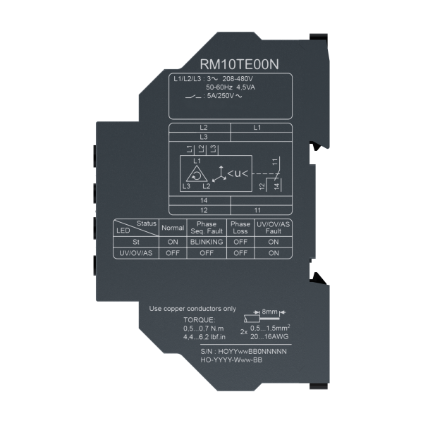 Harmony rm10 - triphasé - 1of - 5a - monitoring avancé de phases - 208/480vca - Schneider Electric - RM10TE00N
