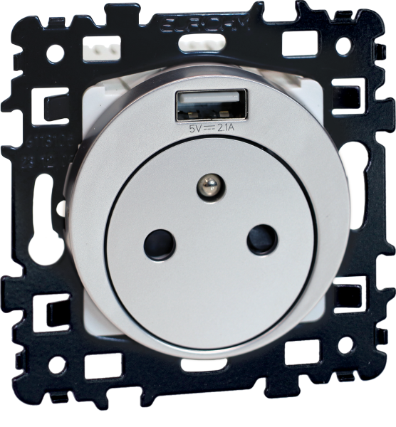 Square prise 2p+t +usb 2,1a, type a affleurante silver - Eurohm - 60446