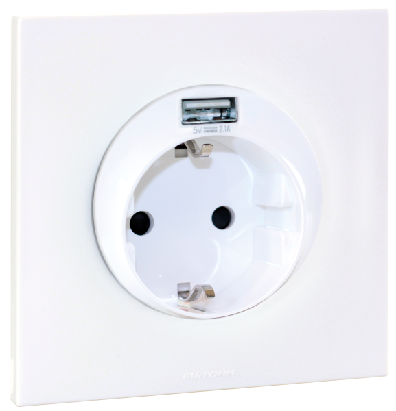 Square - prise 2p+t schuko + usb type a + plaque + griffes blanc - Eurohm - 91130001