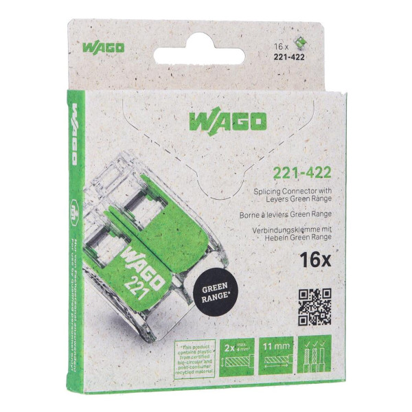 Borne de raccordement Wago 221 Green 2x4mm² à leviers (blister de 16 bornes) - Wago - 221422/995016