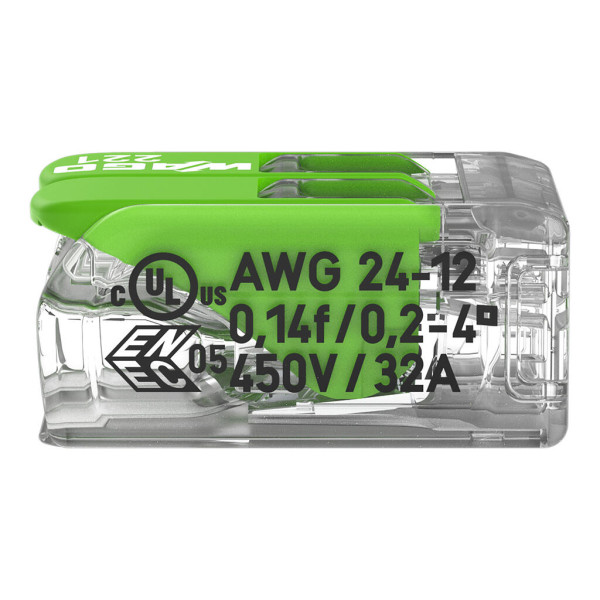 Borne de raccordement Wago 221 Green 2x4mm² à leviers (blister de 16 bornes) - Wago - 221422/995016
