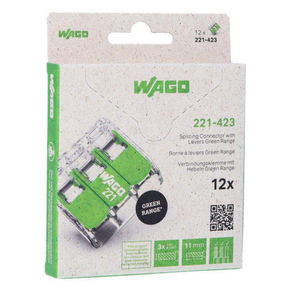 Borne de raccordement Wago 221 green 3x4mm² à leviers (blister de 12 bornes) - Wago - 221423/995012