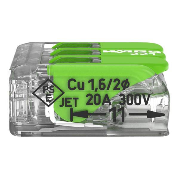 Borne de raccordement Wago 221 green 3x4mm² à leviers (blister de 12 bornes) - Wago - 221423/995012