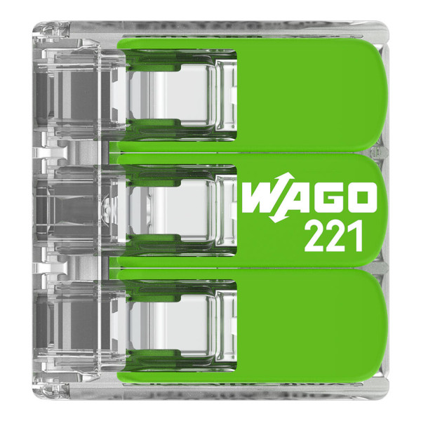 Borne de raccordement Wago 221 green 3x4mm² à leviers (blister de 12 bornes) - Wago - 221423/995012
