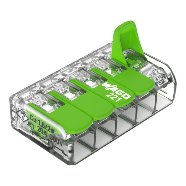 Borne de raccordement Wago 221 Green 5x4mm² à leviers (blister de 8 bornes) - Wago - 221425/995008