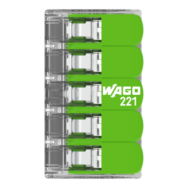 Borne de raccordement Wago 221 Green 5x4mm² à leviers (blister de 8 bornes) - Wago - 221425/995008