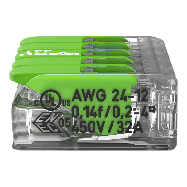 Borne de raccordement Wago 221 Green 5x4mm² à leviers (blister de 8 bornes) - Wago - 221425/995008