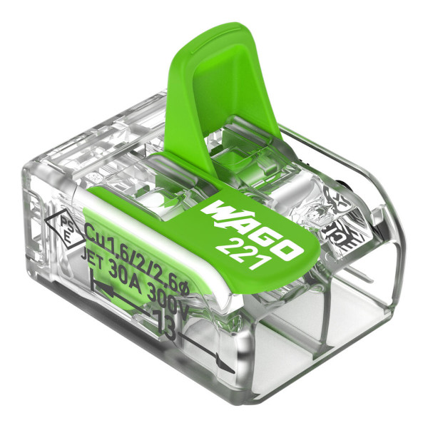 Borne de raccordement Wago 221 Green 2x6mm² à leviers - Wago - 221622