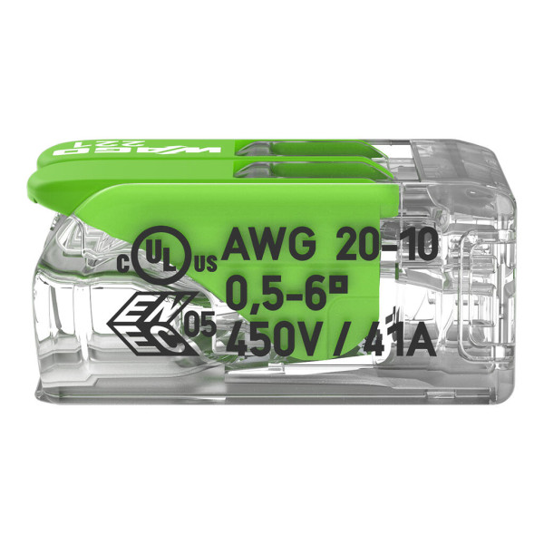 Borne de raccordement Wago 221 Green 2x6mm² à leviers - Wago - 221622