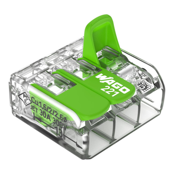 Borne de raccordement Wago 221 Green 2x6mm² à leviers (blister de 8 bornes) - Wago - 221623/995008