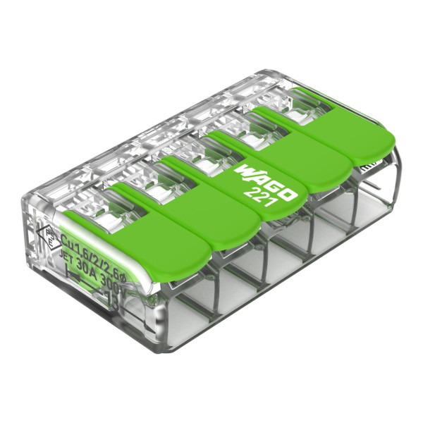 Borne de raccordement Wago 221 Green 5x6mm² à leviers (blister de 6 bornes) - Wago - 221625/995006