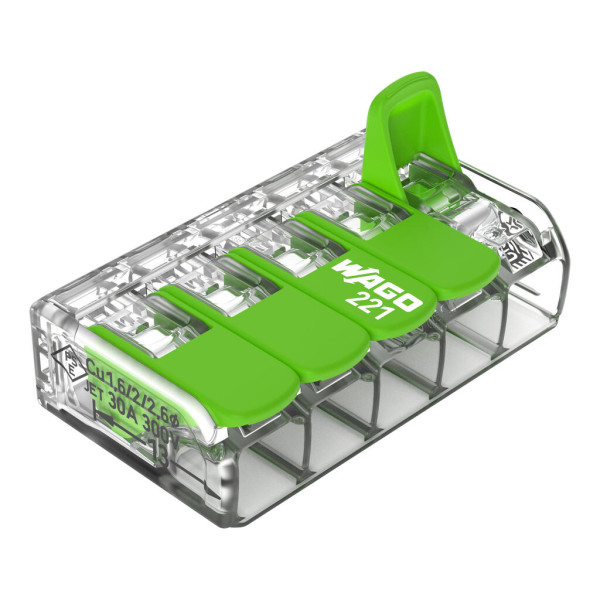 Borne de raccordement Wago 221 Green 5x6mm² à leviers (blister de 6 bornes) - Wago - 221625/995006